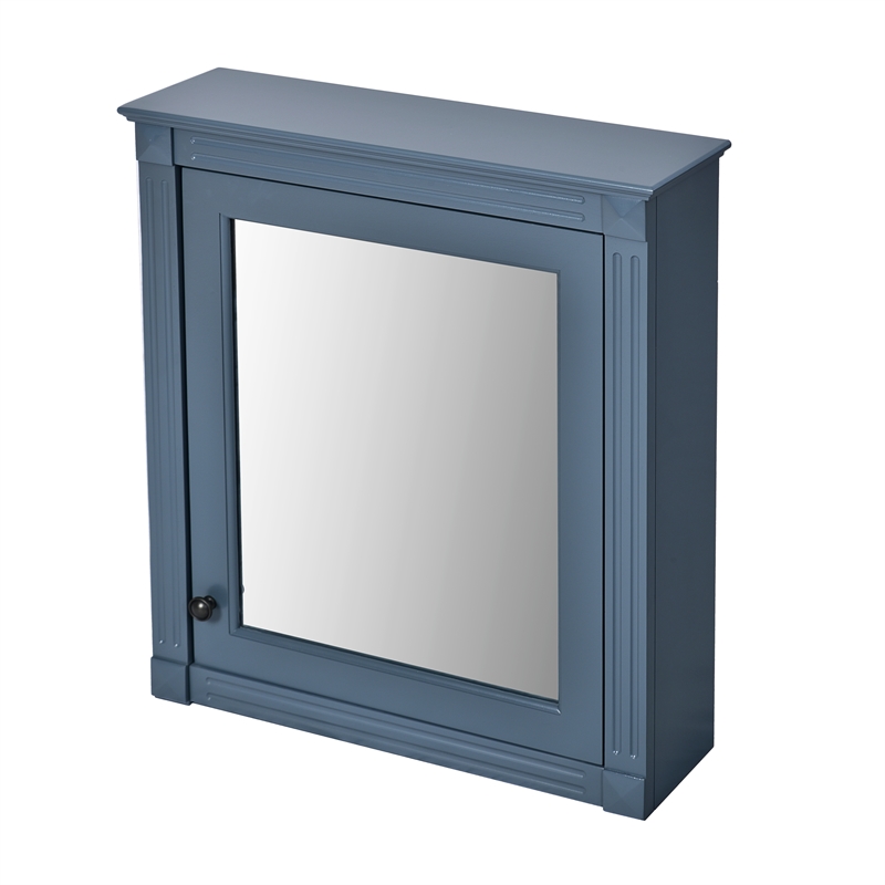 Blue Solid Wood Wall Mounted Bathroom Medicine Cabinet with Mirror and Shelf
