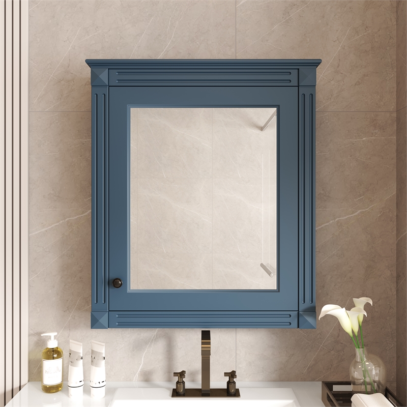 Blue Solid Wood Wall Mounted Bathroom Medicine Cabinet with Mirror and Shelf
