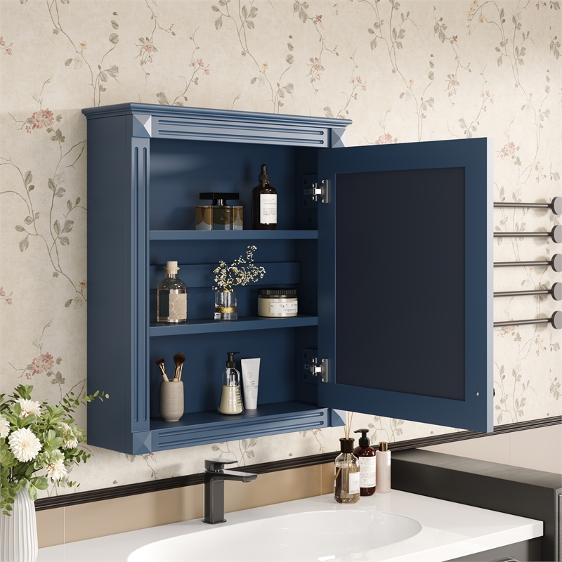 Blue Solid Wood Wall Mounted Bathroom Medicine Cabinet with Mirror and Shelf