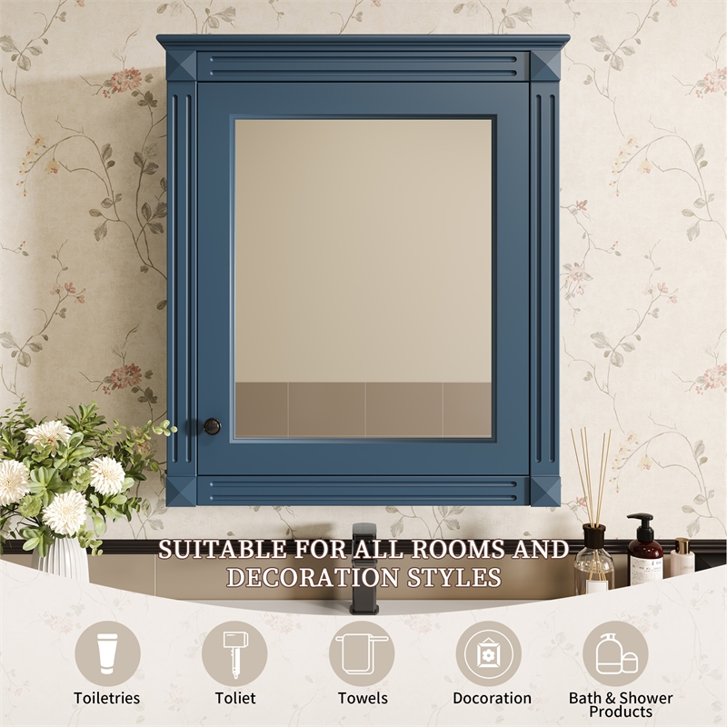Blue Solid Wood Wall Mounted Bathroom Medicine Cabinet with Mirror and Shelf