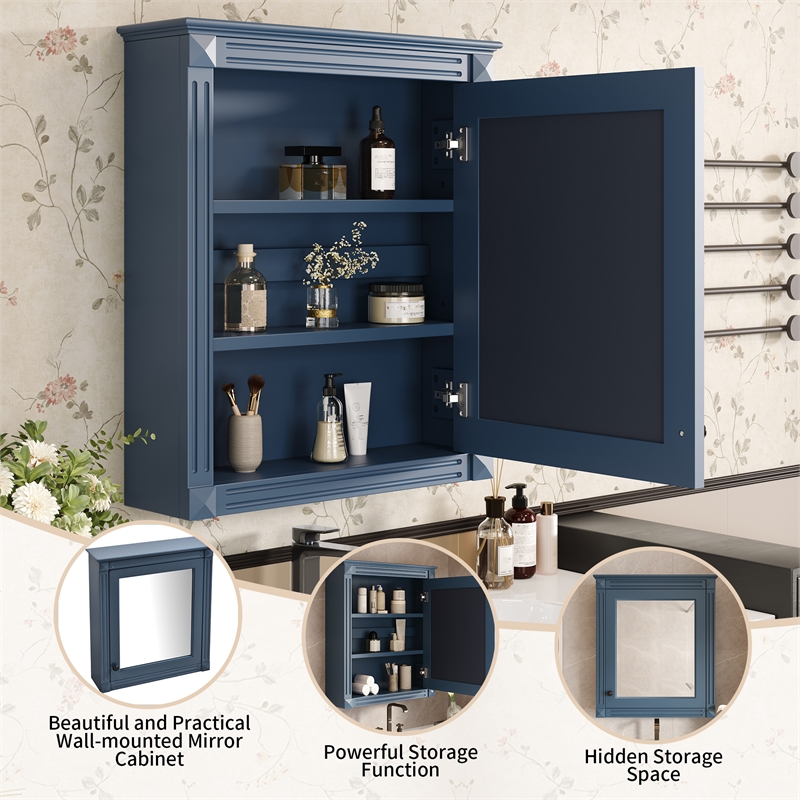 Blue Solid Wood Wall Mounted Bathroom Medicine Cabinet with Mirror and Shelf