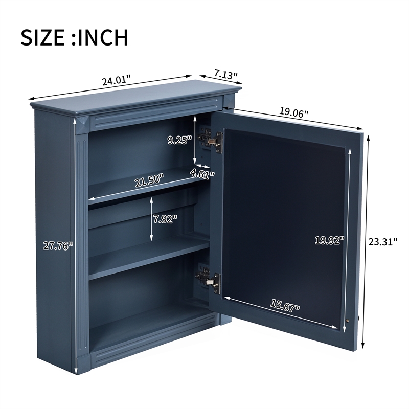 Blue Solid Wood Wall Mounted Bathroom Medicine Cabinet with Mirror and Shelf