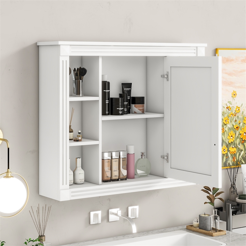 White Solid Wood Wall Mounted Bathroom Medicine Cabinet with Mirror and Shelves