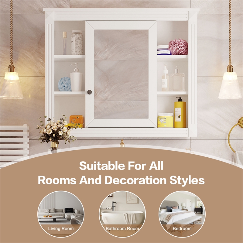 White Solid Wood Wall Mounted Bathroom Medicine Cabinet with Mirror and Shelves