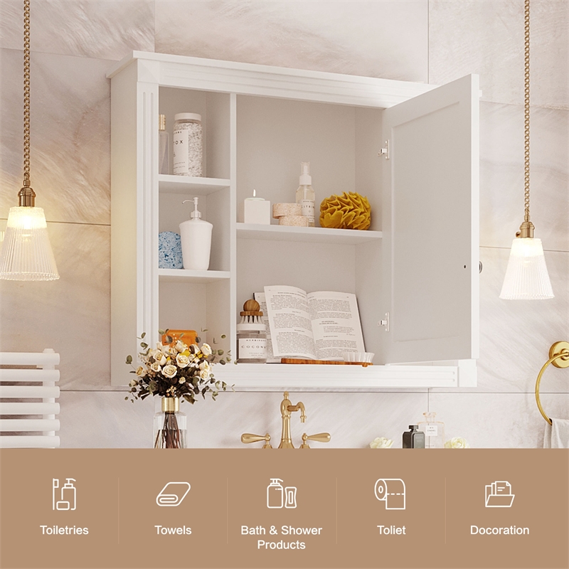 White Solid Wood Wall Mounted Bathroom Medicine Cabinet with Mirror and Shelves