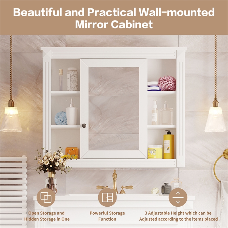 White Solid Wood Wall Mounted Bathroom Medicine Cabinet with Mirror and Shelves