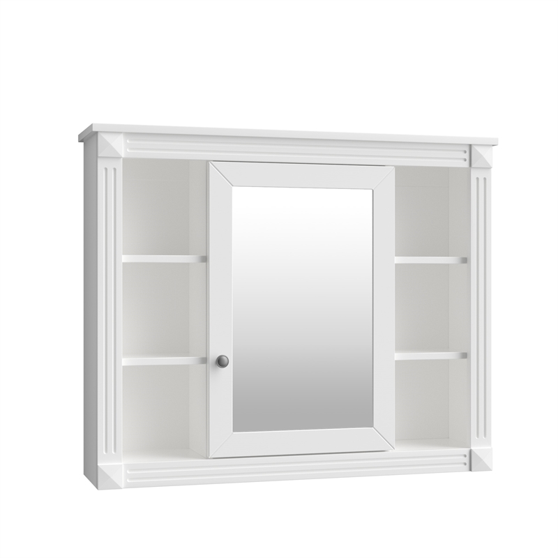 White Solid Wood Wall Mounted Bathroom Medicine Cabinet with Mirror and Shelves