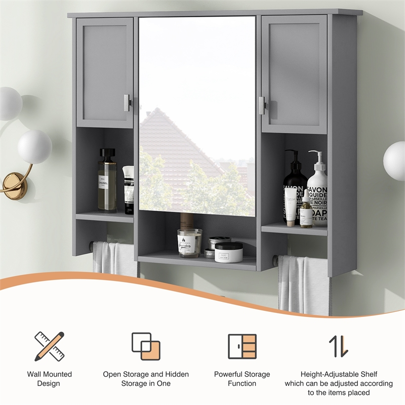 Gray Solid Wood Modern Bathroom Wall Cabinet with Mirror and Towel Bar