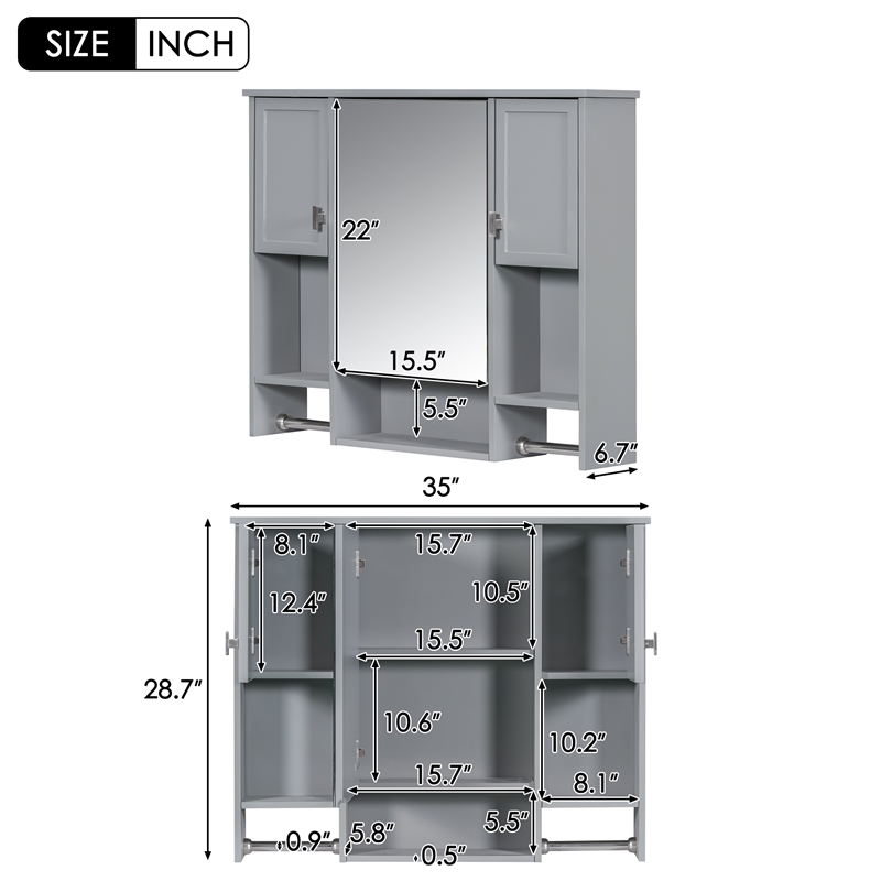 Gray Solid Wood Modern Bathroom Wall Cabinet with Mirror and Towel Bar
