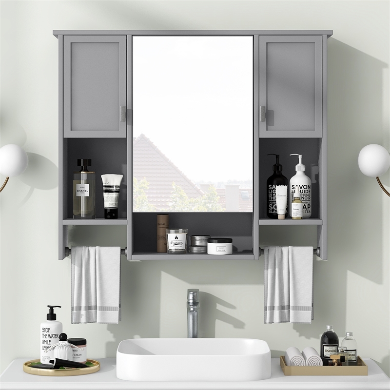 Gray Solid Wood Modern Bathroom Wall Cabinet with Mirror and Towel Bar