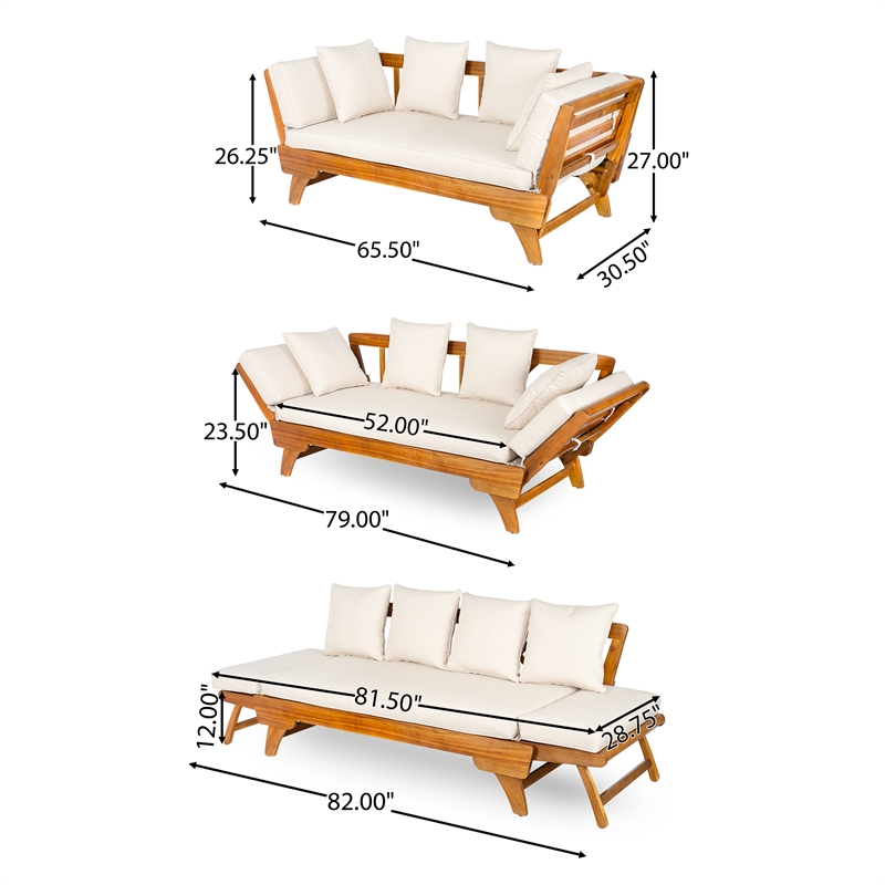 Beige  Wood Outdoor Patio Daybed Sofa with 3 Seats and Foldable Arms