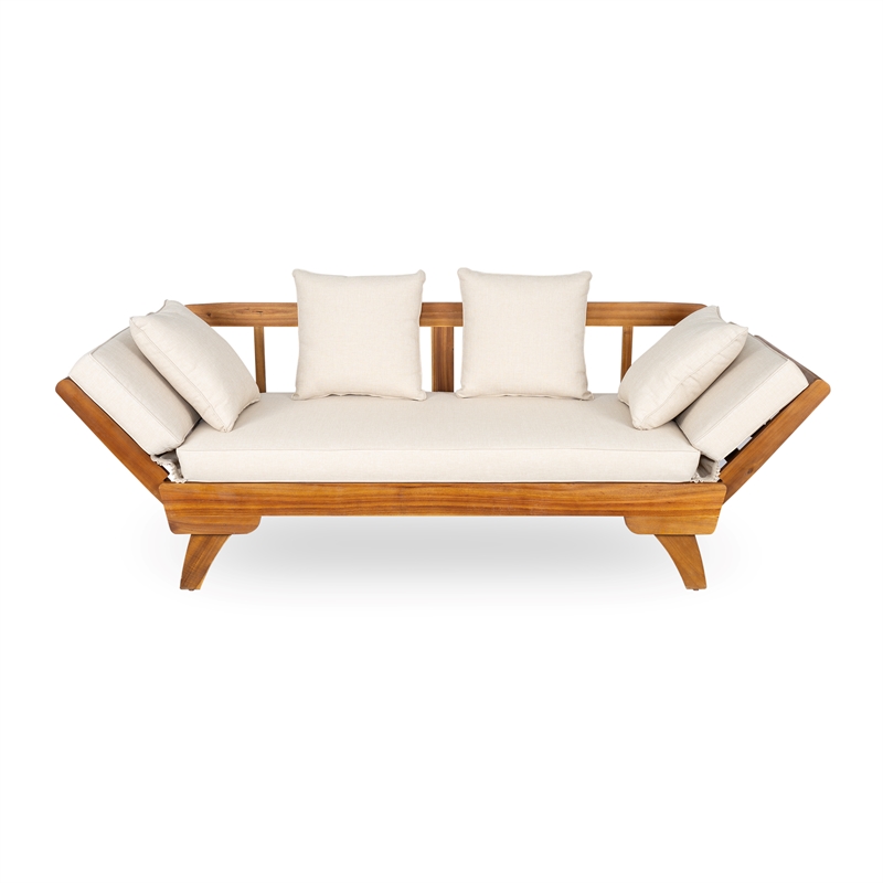 Beige  Wood Outdoor Patio Daybed Sofa with 3 Seats and Foldable Arms