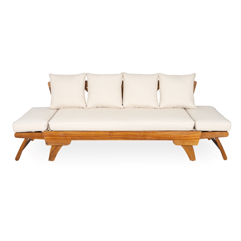 Beige  Wood Outdoor Patio Daybed Sofa with 3 Seats and Foldable Arms