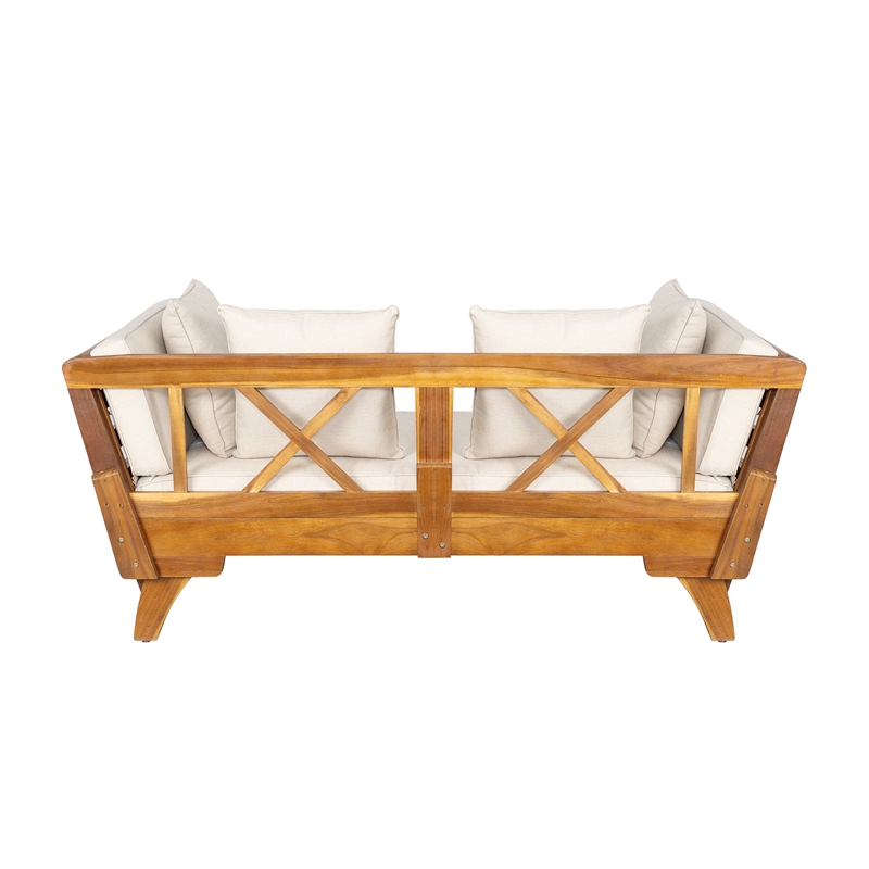 Beige  Wood Outdoor Patio Daybed Sofa with 3 Seats and Foldable Arms