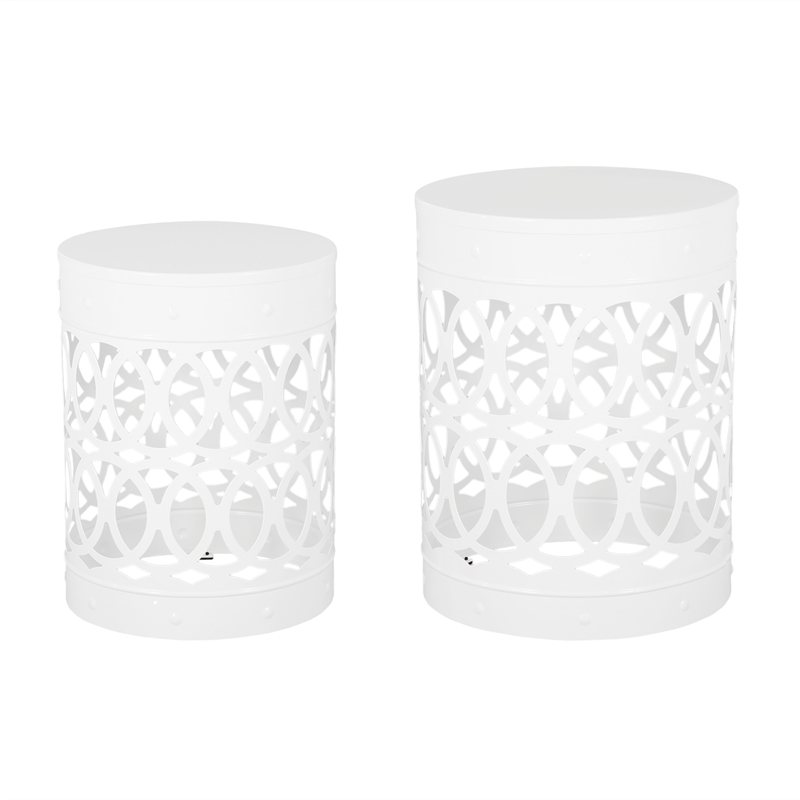 Outdoor Set of 2 End Tables  White Finish with Sturdy Iron Construction