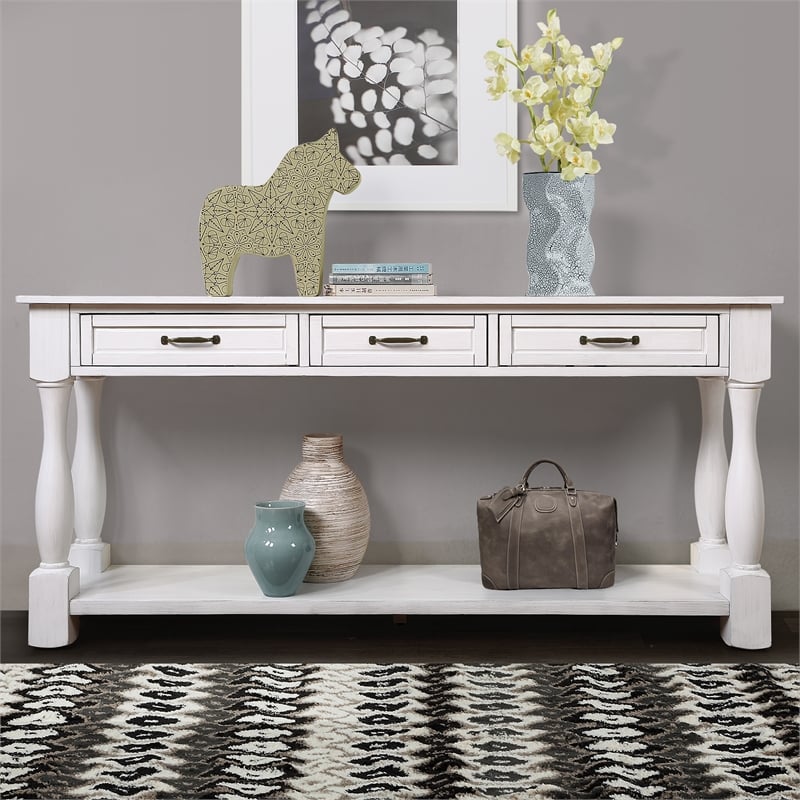 63 White Pine Wood Console Table with 3 Drawers and Bottom Shelf