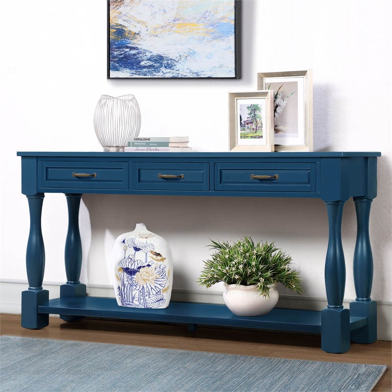 Navy 63 Pine Wood Console Table with 3 Drawers and Shelf for Entryway Sofa
