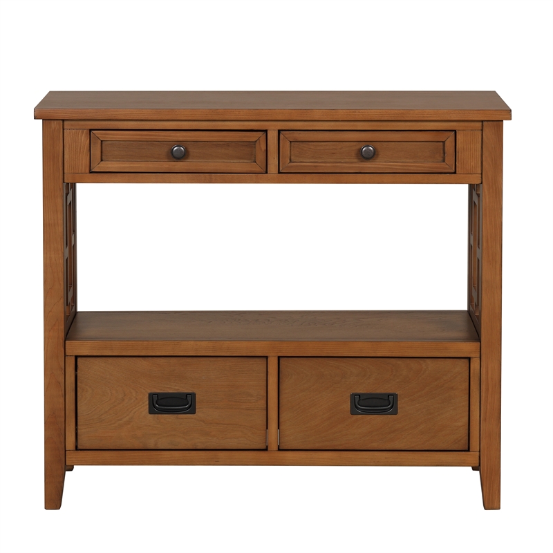 Brown 36 Pine Wood Console Table with 4 Drawers and Storage Shelf