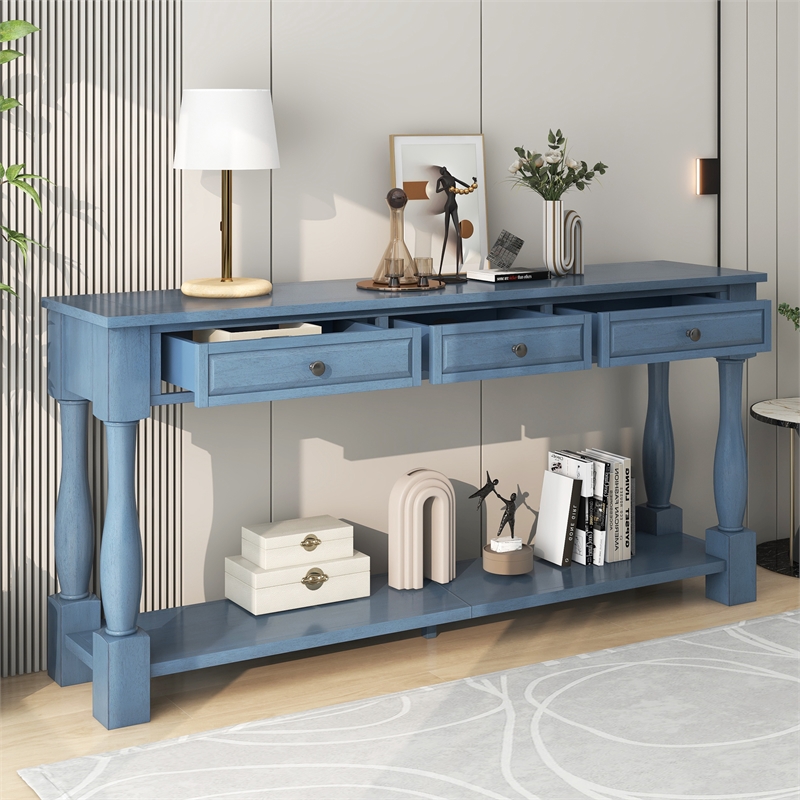 Navy Solid Wood 63 Console Table with Drawers and Shelf for Entryway Hallway