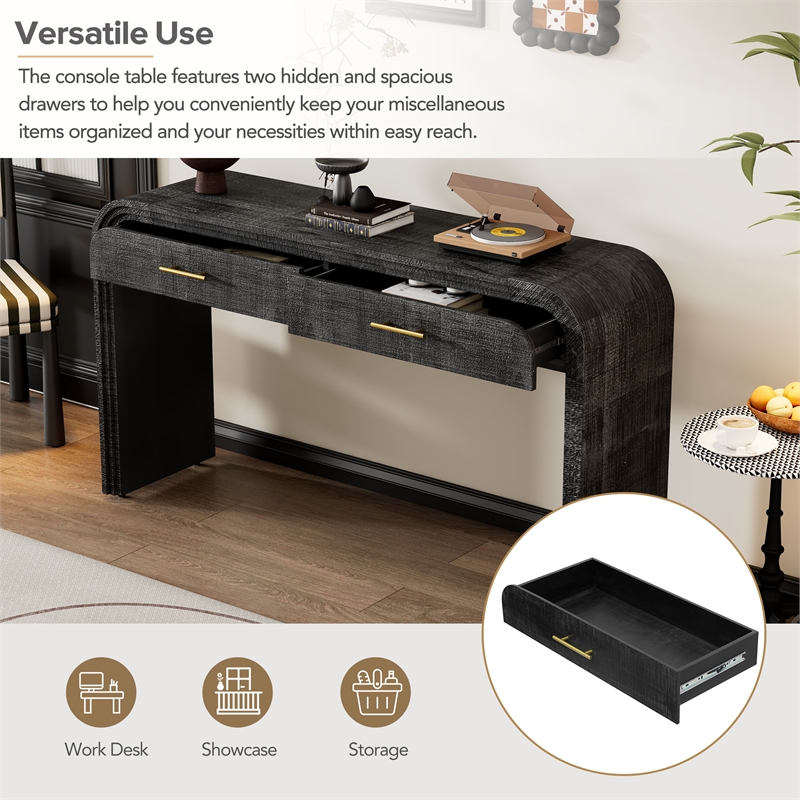 Black Solid Wood Retro Console Table with 2 Drawers and Open Shelf