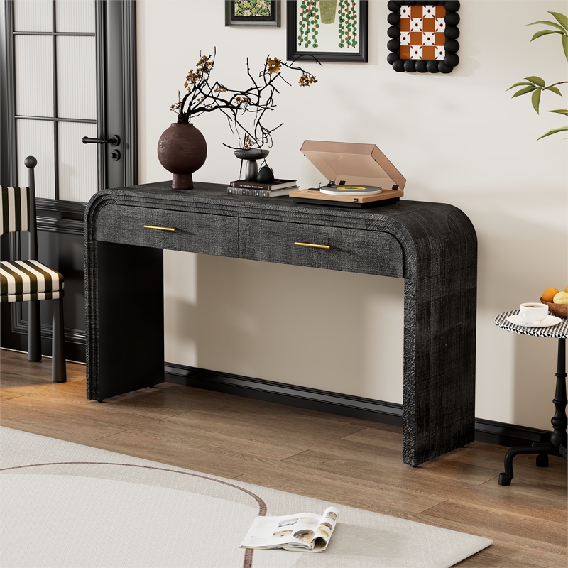 Black Solid Wood Retro Console Table with 2 Drawers and Open Shelf