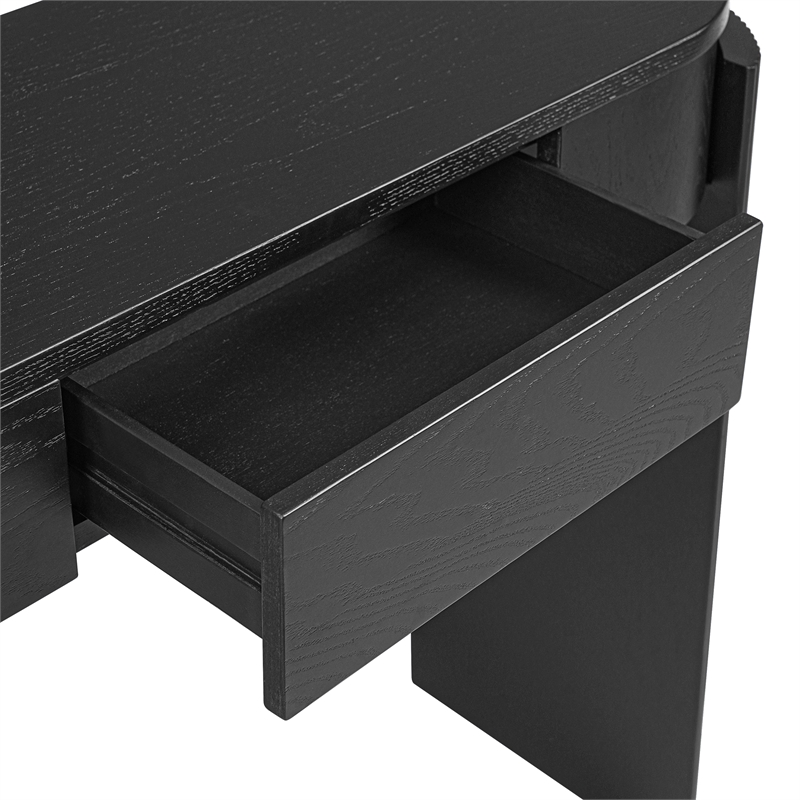 Black Solid Wood Oval Console Table with Fluted Design and 2 Drawers