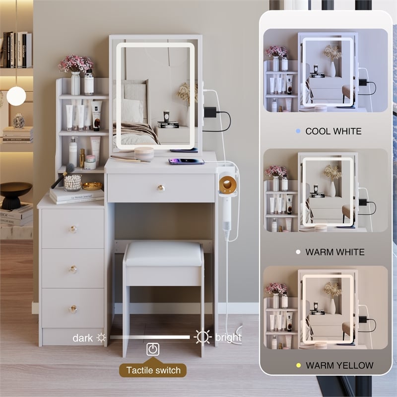 White MDF 29.2 Vanity Table Set with LED Mirror Power Station & Stool