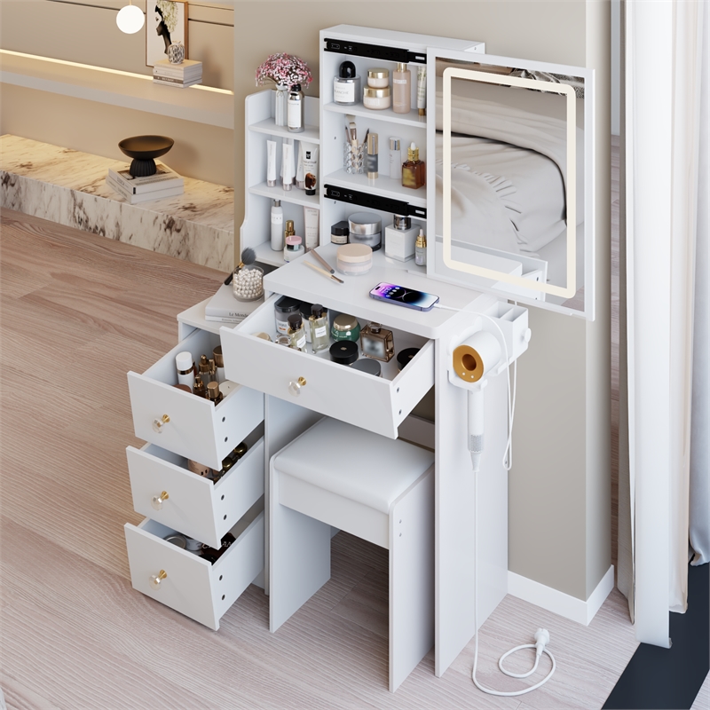 White MDF 29.2 Vanity Table Set with LED Mirror Power Station & Stool