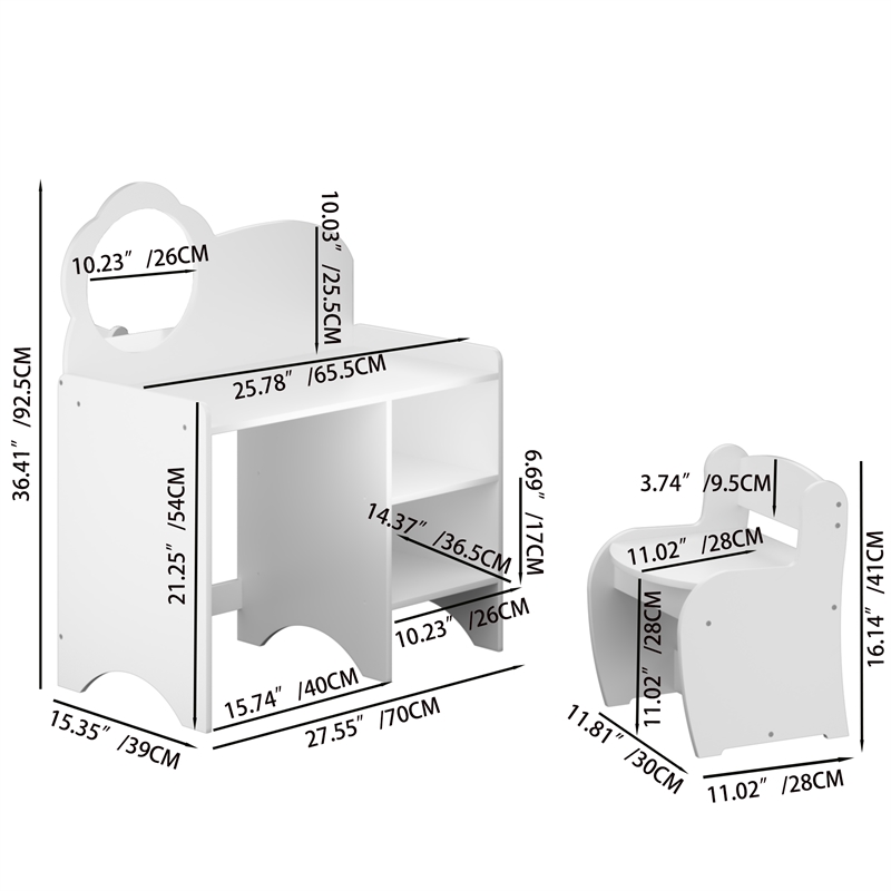 White MDF Kids Vanity Table with Mirror Chair  Storage Shelves