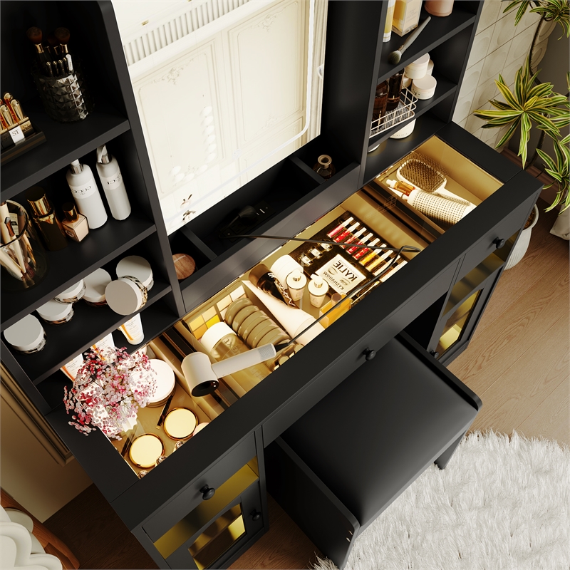 43.2 wood Vanity Desk with LED Mirror  RGB Cabinets   Stool  Black