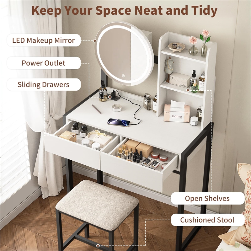 Small Vanity Desk with LED Mirror & Stool  Metal & Synthetic Wood (White & Black)