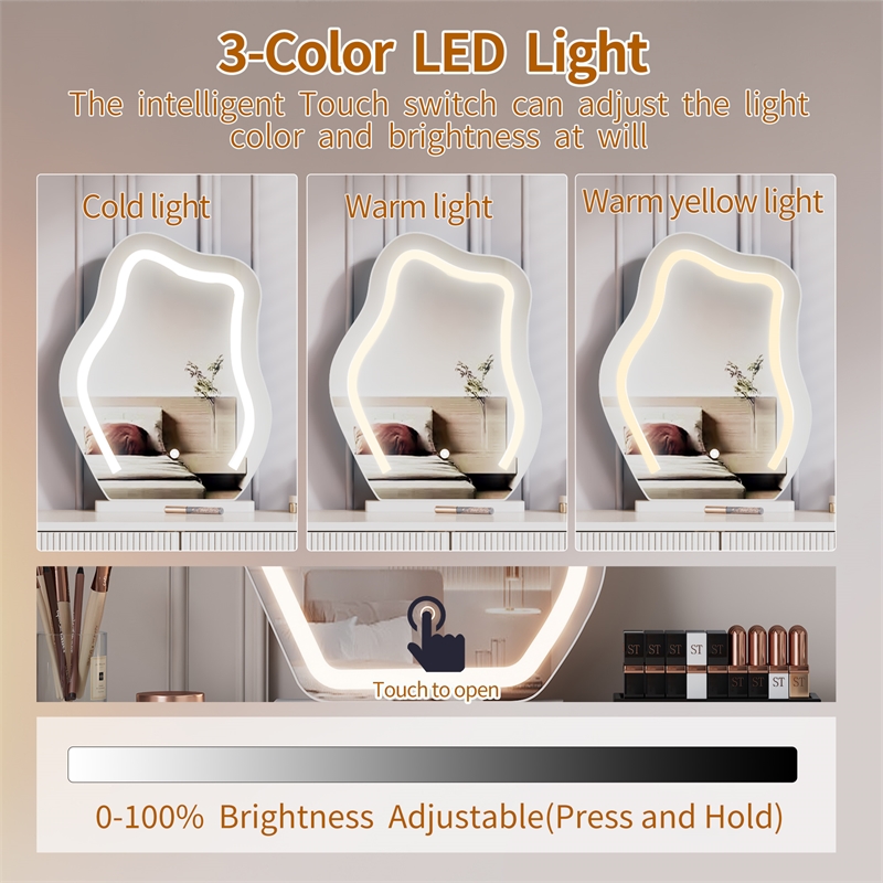 White wood Adjustable Length Vanity with Cloud LED Mirror and Storage Cabinet