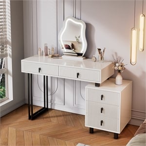 White wood Adjustable Length Vanity with Cloud LED Mirror and Storage Cabinet