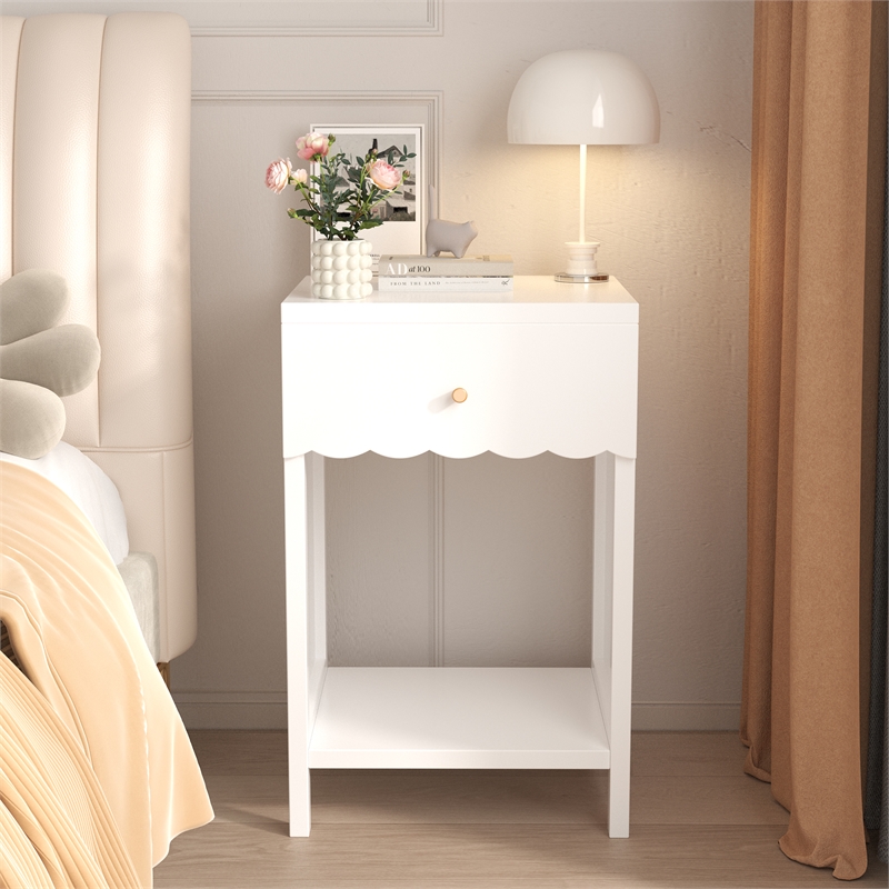 Modern White Solid Wood Scalloped Nightstand with Drawer and Shelf
