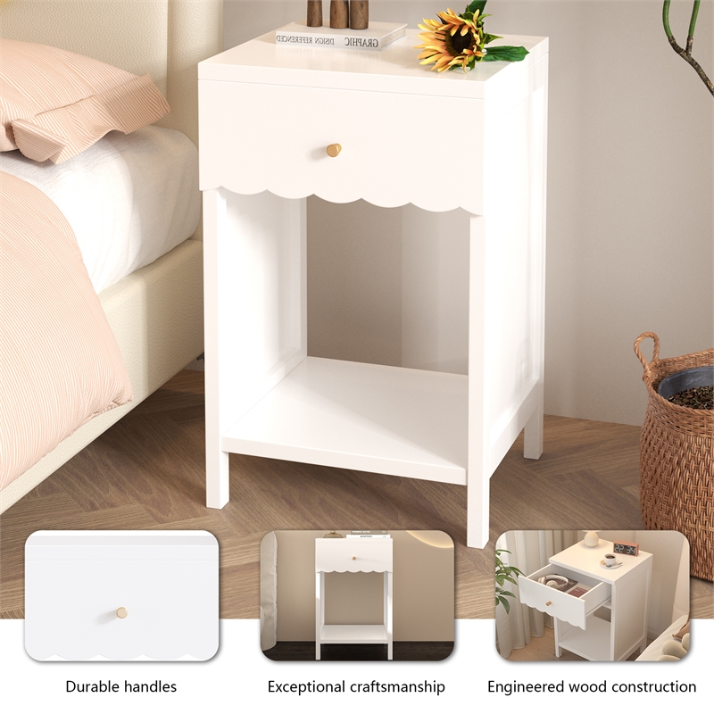 Modern White Solid Wood Scalloped Nightstand with Drawer and Shelf