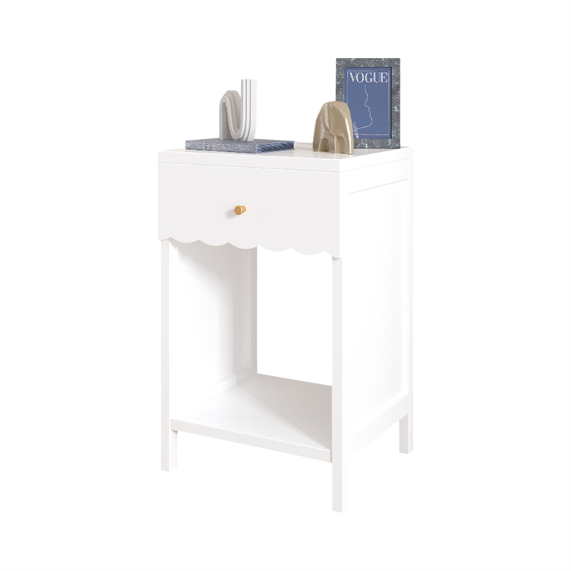 Modern White Solid Wood Scalloped Nightstand with Drawer and Shelf