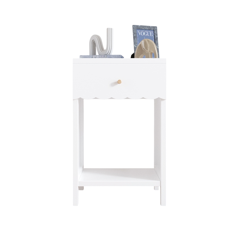 Modern White Solid Wood Scalloped Nightstand with Drawer and Shelf