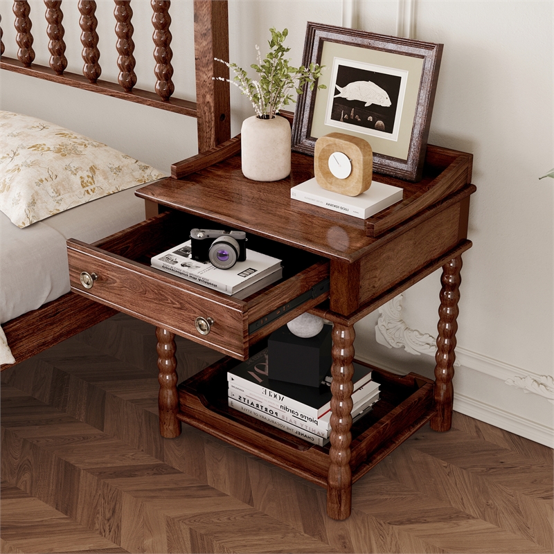Dark Walnut Wood Retro Nightstand with Drawer and Open Shelf