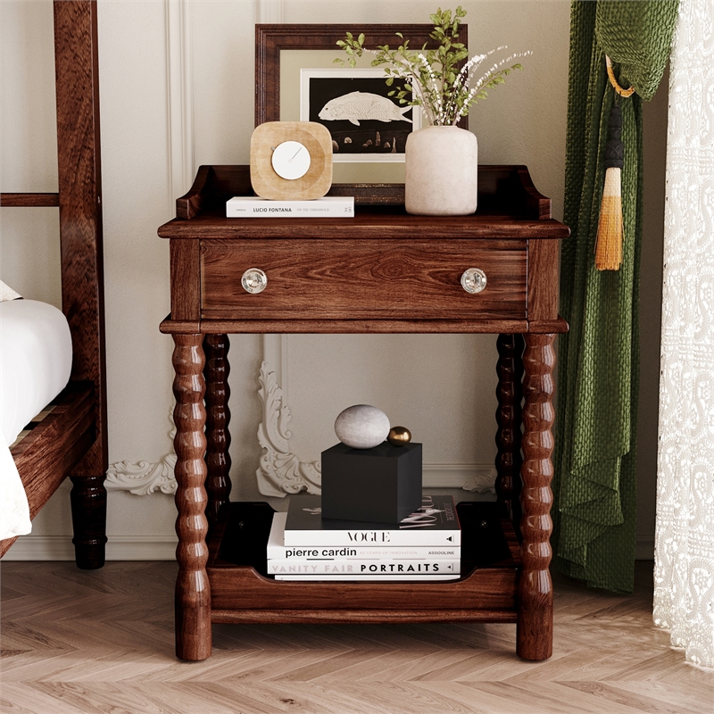 Dark Walnut Wood Retro Nightstand with Drawer and Open Shelf