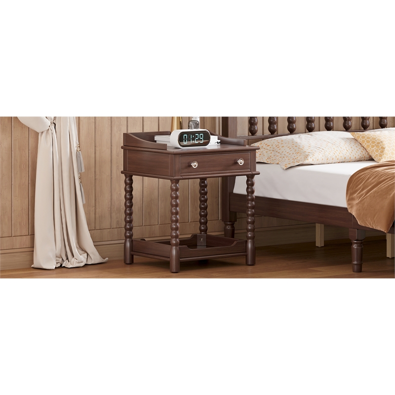 Dark Walnut Wood Retro Nightstand with Drawer and Open Shelf