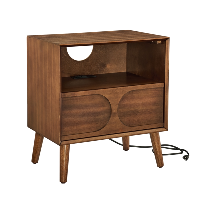 Mid Century Modern Brown Solid Wood Nightstand with USB Ports and Drawer