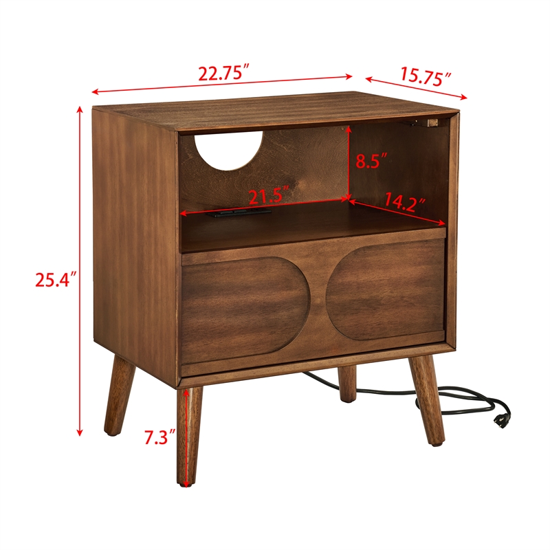 Mid Century Modern Brown Solid Wood Nightstand with USB Ports and Drawer