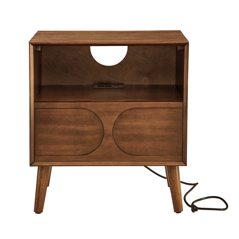 Mid Century Modern Brown Solid Wood Nightstand with USB Ports and Drawer