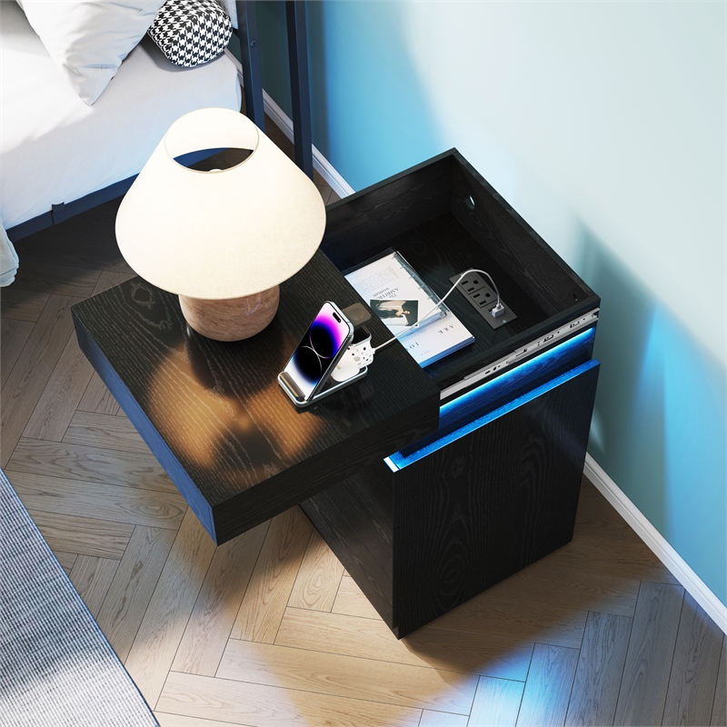 Black Solid Wood 3 Drawer Sliding Top Charging LED Nightstand