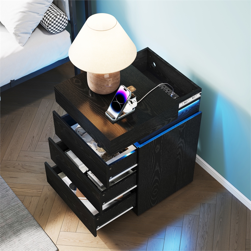 Black Solid Wood 3 Drawer Sliding Top Charging LED Nightstand