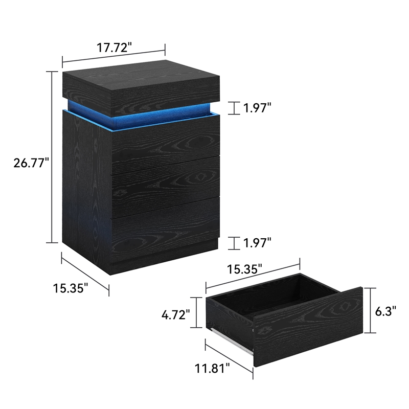 Black Solid Wood 3 Drawer Sliding Top Charging LED Nightstand