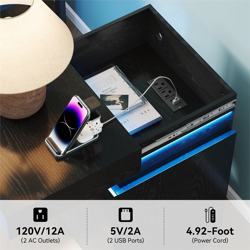 Black Solid Wood 3 Drawer Sliding Top Charging LED Nightstand