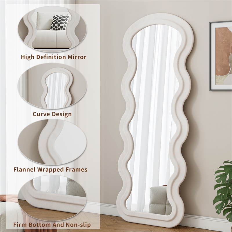 White Wood Flannel Wave Full Length Floor Mirror with Stand for Bedroom