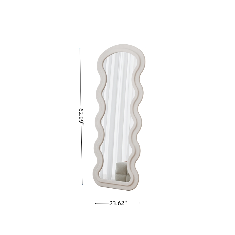 White Wood Flannel Wave Full Length Floor Mirror with Stand for Bedroom
