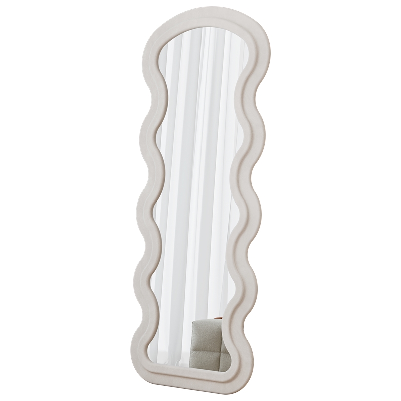 White Wood Flannel Wave Full Length Floor Mirror with Stand for Bedroom